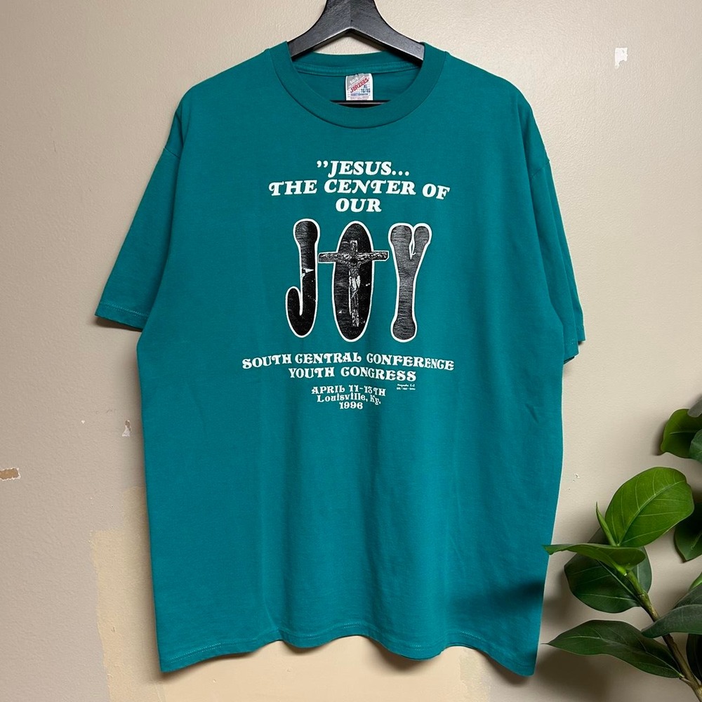 Vintage 90s Jerzees Jesus The Center Of Our Joy Aqua Blue T-Shirt Mens XL 1996